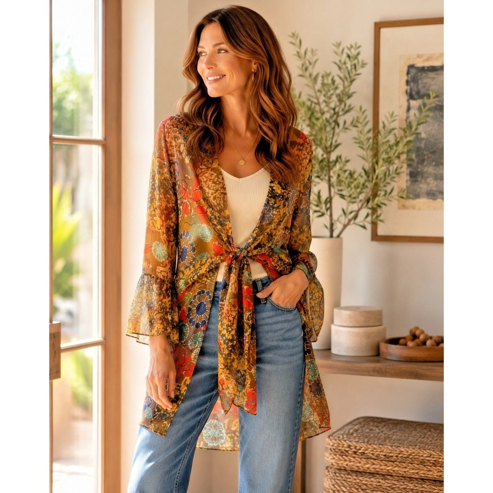 CAbi Shakespeare Floral Kimono Bell Sleeve Tie Front Boho Cardigan Size L